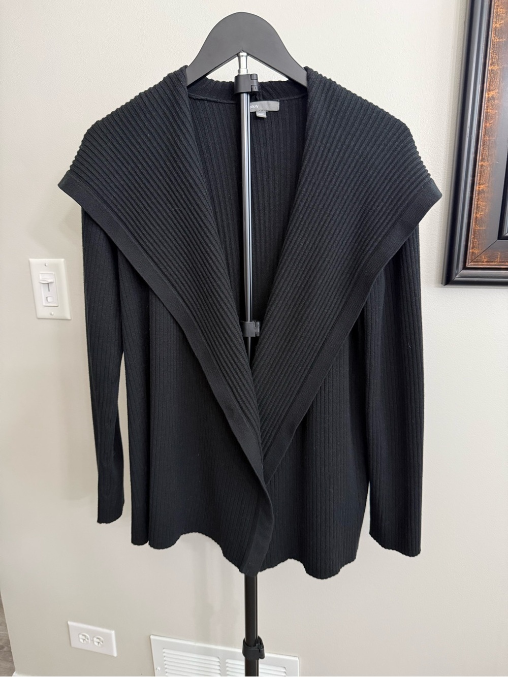 Gap Body Black Ribbed Open-Front Shawl Collar Hooded Cardigan